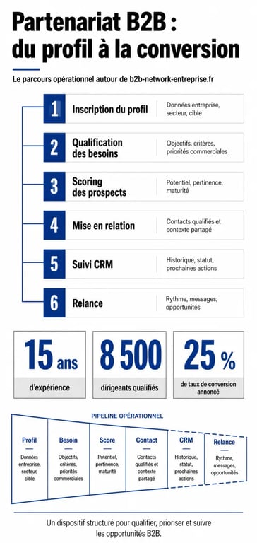 Infographie du partenariat b2b-network-entreprise.fr montrant la mise en relation B2B, le suivi CRM et les bénéfices clés