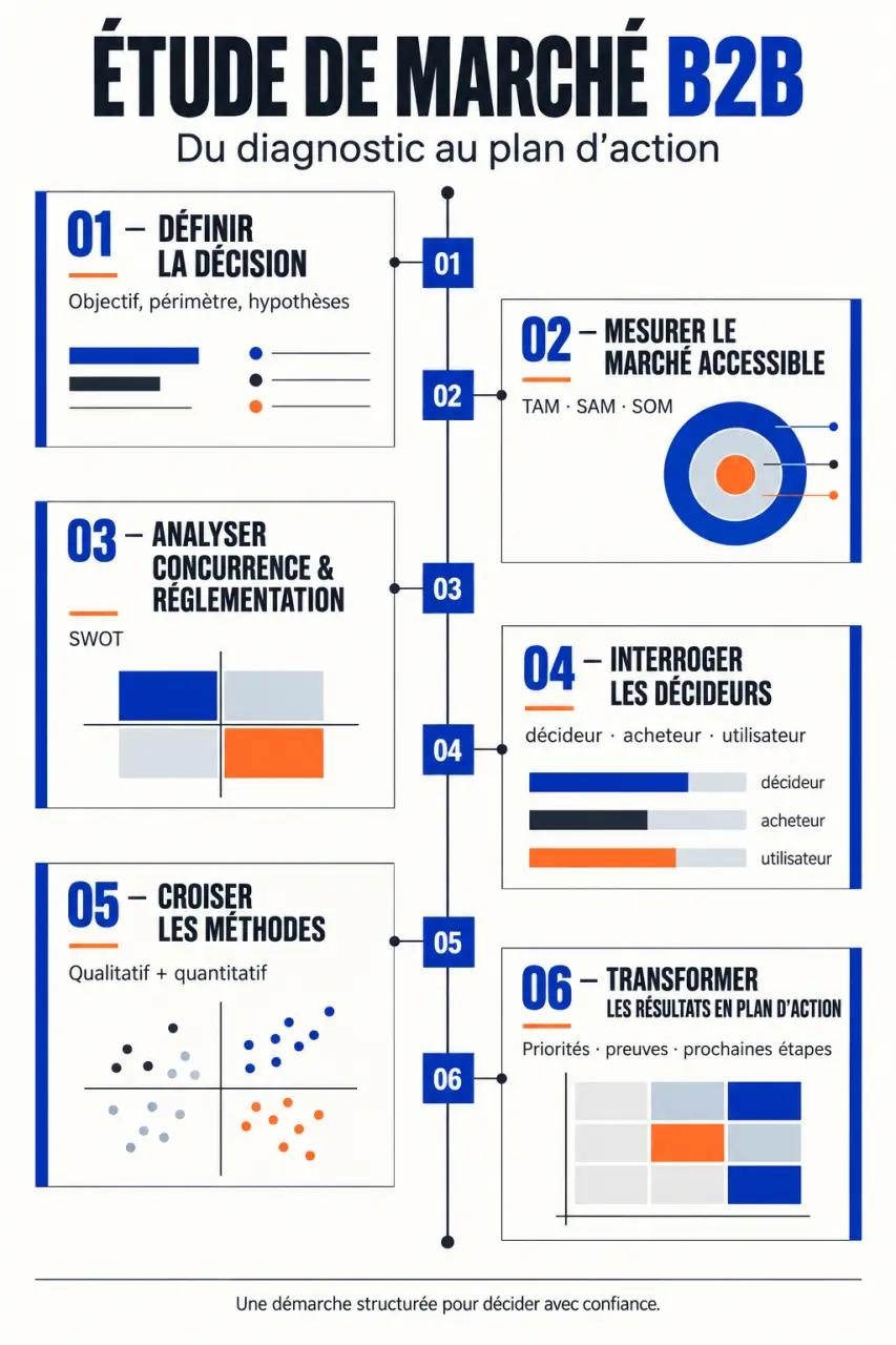 Infographie du processus d’une étude de marché B2B, de l’analyse du marché au plan d’action