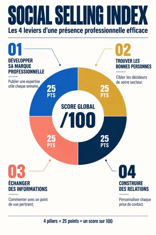 Infographie des quatre piliers du Social Selling Index LinkedIn et des actions pour améliorer son score