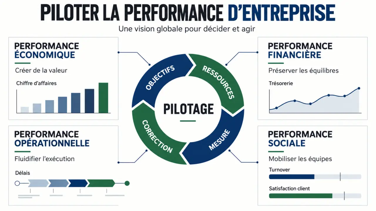 Infographie sur la performance entreprise et ses quatre dimensions de pilotage