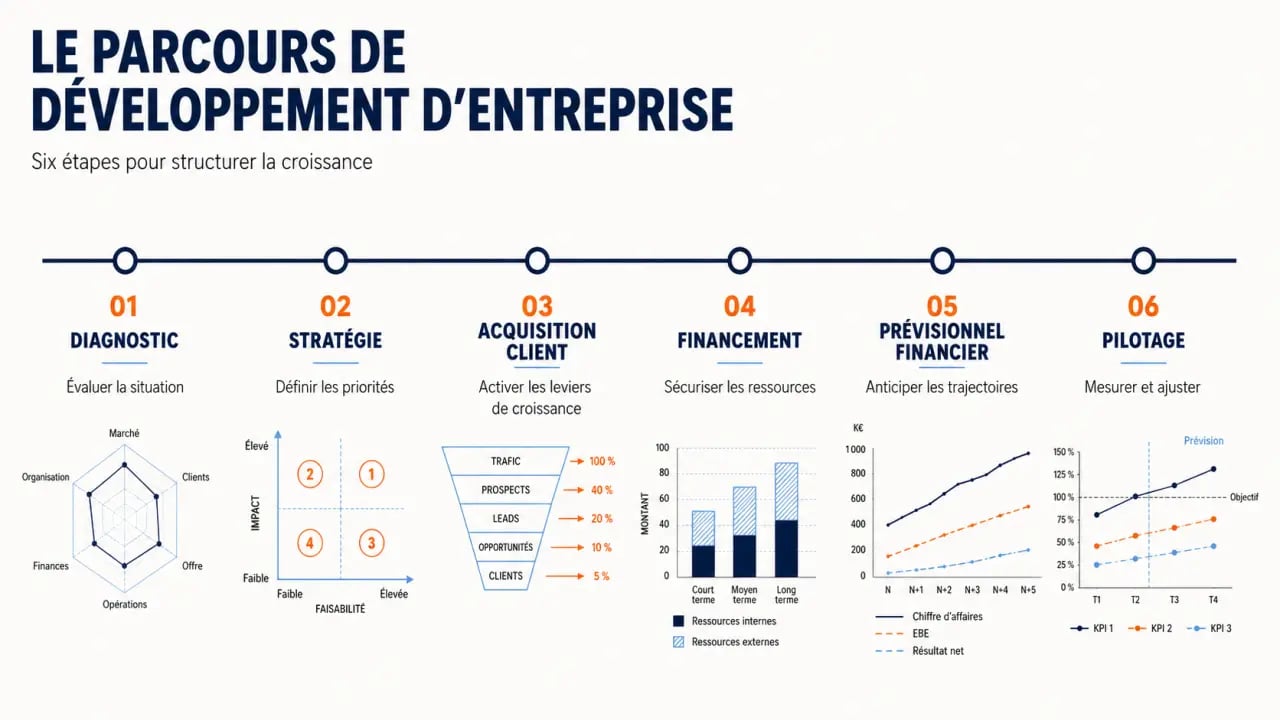 Infographie du parcours de développement d'entreprise, du diagnostic au pilotage financier