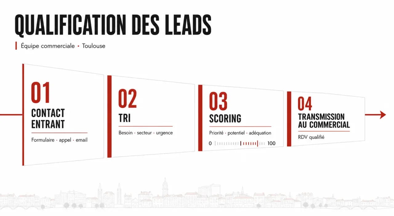Qualification leads Toulouse : schéma éditorial du tri, du scoring et de la transmission des prospects