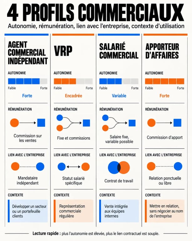 Infographie pour recruter des agents commerciaux : différences entre agent indépendant, VRP, salarié commercial et apporteur d’affaires