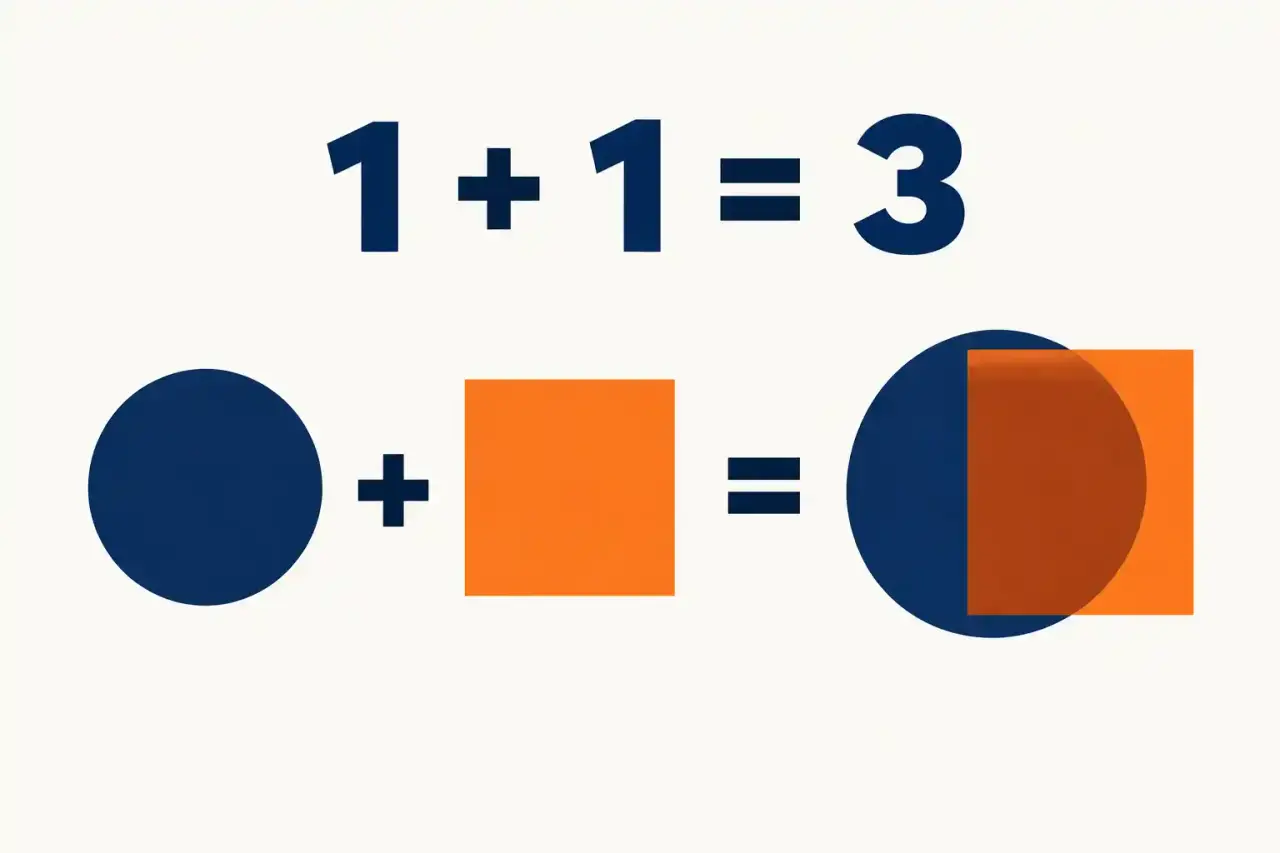 Schéma illustrant comment travailler en synergie : 1 + 1 = 3, deux contributions qui se renforcent et dépassent leur simple somme