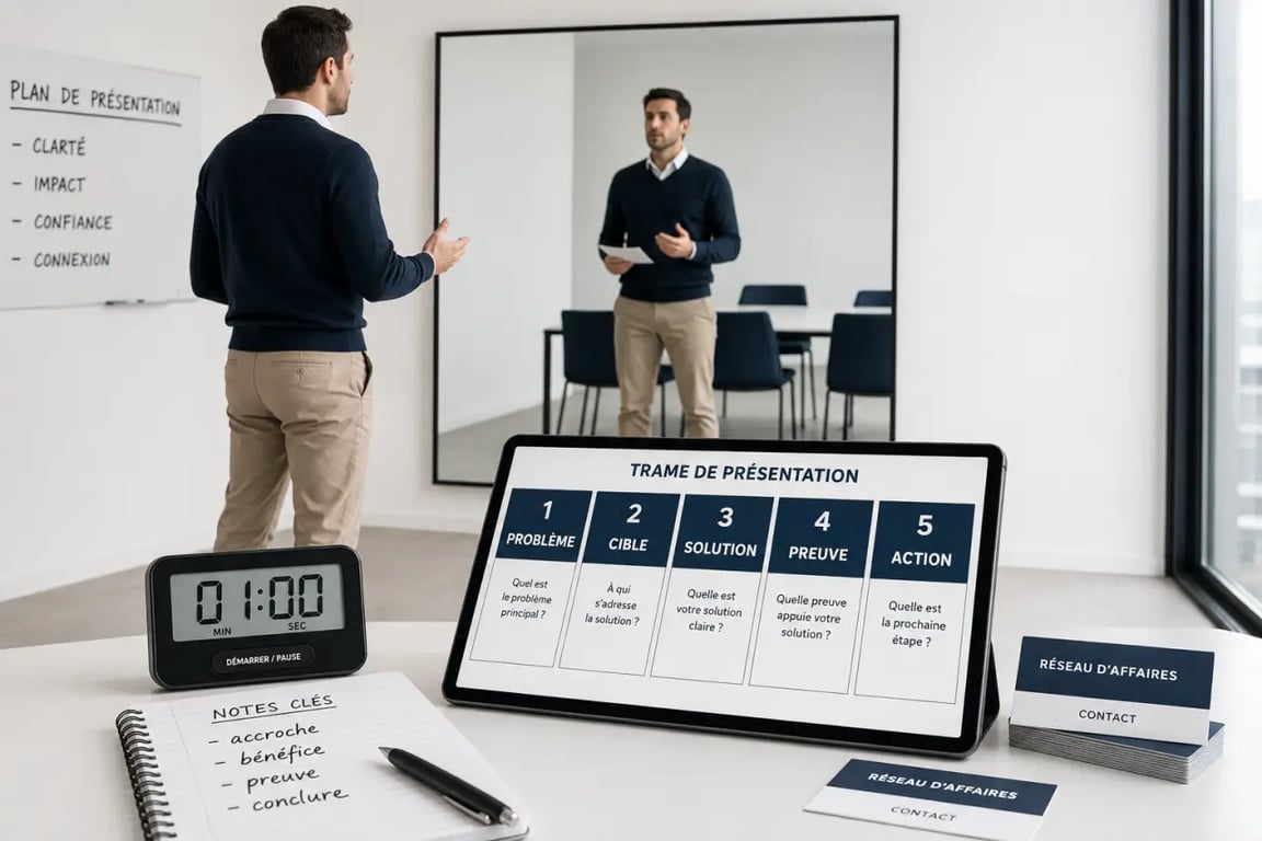 Comment préparer son pitch de présentation pour un réseau d'affaires avec les étapes problème, cible, solution, preuve et action