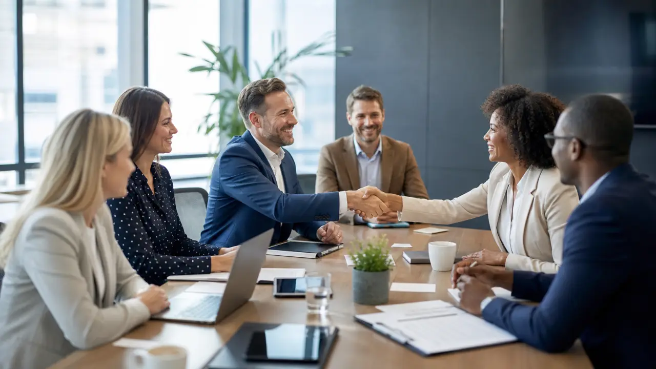 Atrium moderne en verre et acier, symbolisant un rendez-vous réseau B2B professionnel