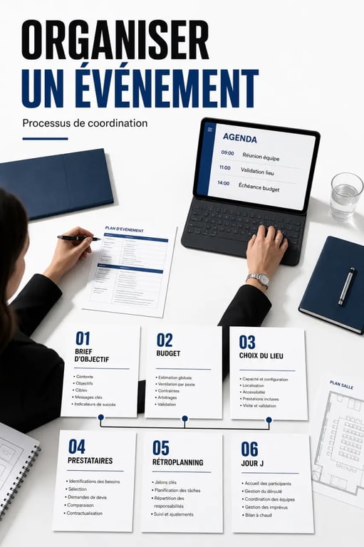 Organisation événement professionnel : illustration éditoriale du rétroplanning, du budget et de la coordination des prestataires