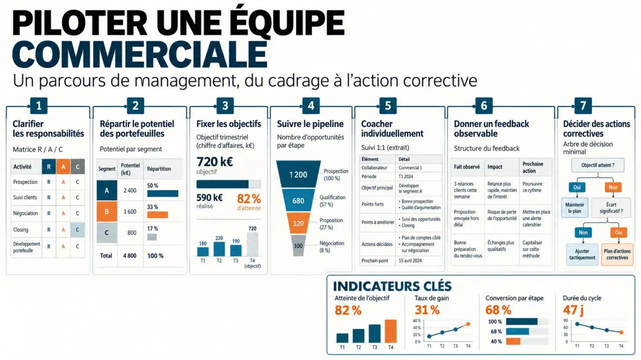 Schéma de gestion d'équipe commerciale avec objectifs, pipeline, coaching et KPI