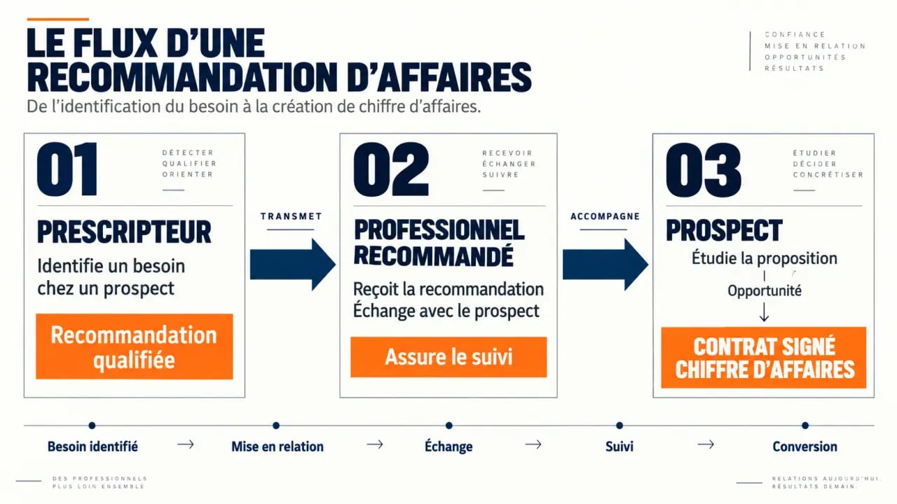Schéma du fonctionnement d’un réseau de recommandation d’affaires, du prescripteur au contrat