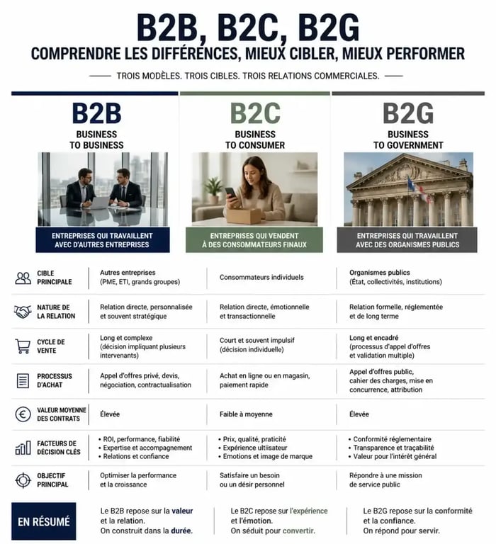 Infographie comparative des modèles commerciaux B2B, B2C et B2G