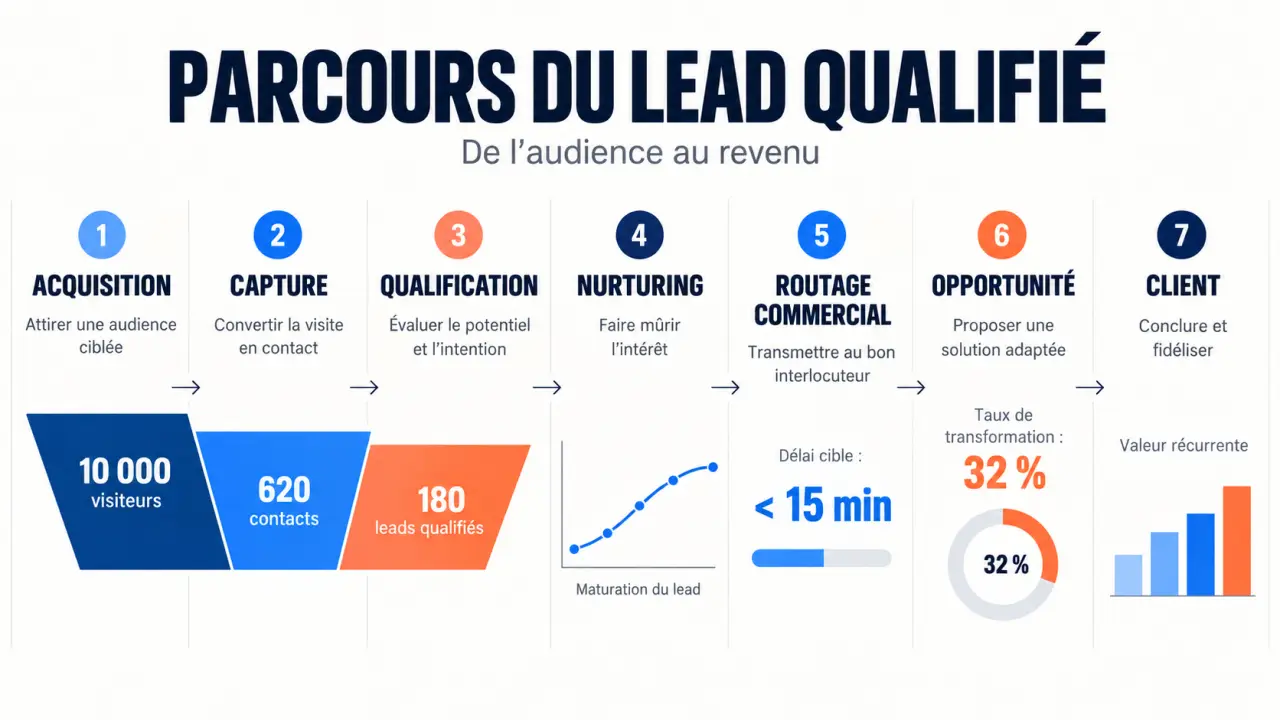 Infographie du processus de génération de leads qualifiés, de l’acquisition à la conversion client
