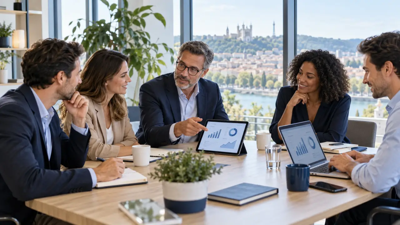Dirigeants échangeant autour d'une stratégie de développement dans un environnement professionnel moderne