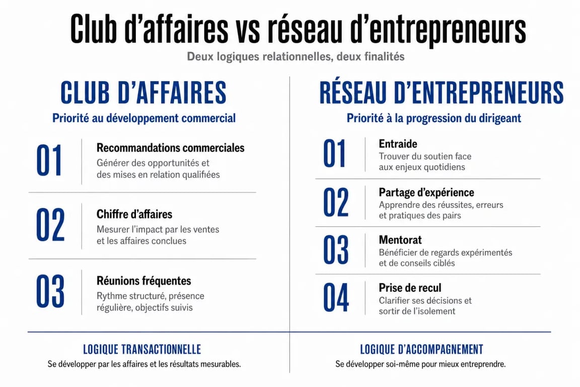 Différence entre club d'affaires et réseau d'entrepreneurs illustrée par un comparatif visuel