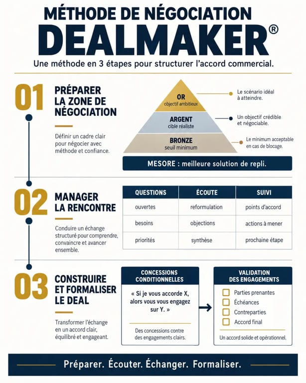 Infographie de la méthode négociation commerciale Dealmaker System efficacité en trois étapes