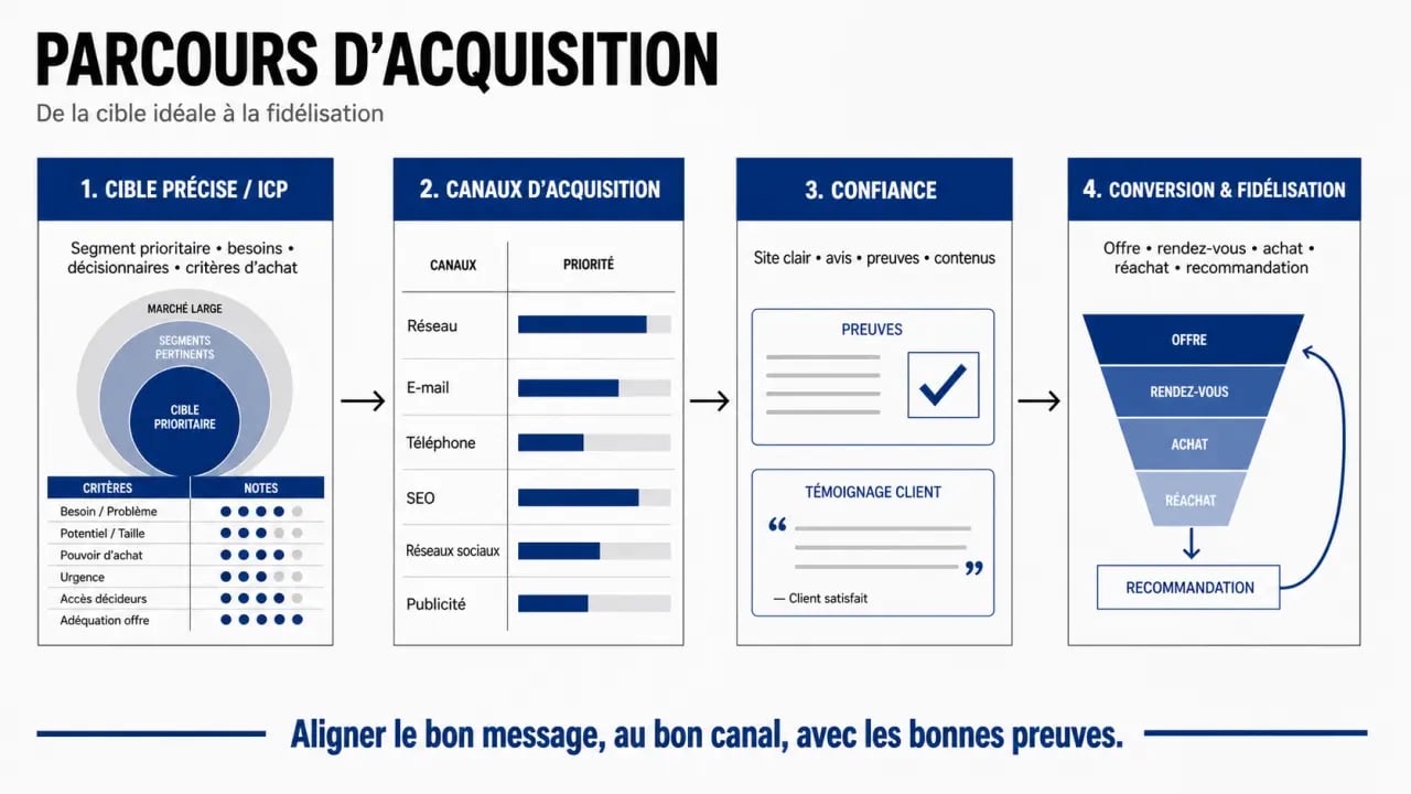 Trouver de nouveaux clients : schéma des canaux d’acquisition et du cycle de conversion