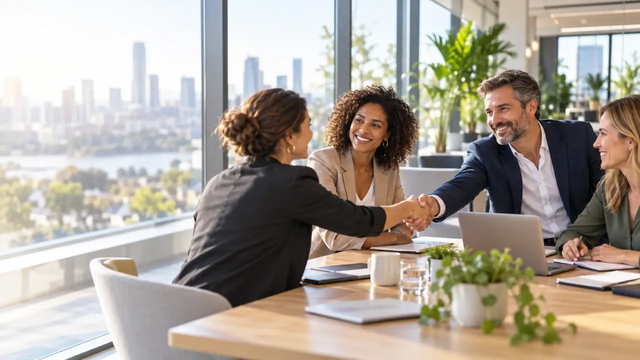 Professionnels échangeant autour d'une table dans un environnement de travail moderne